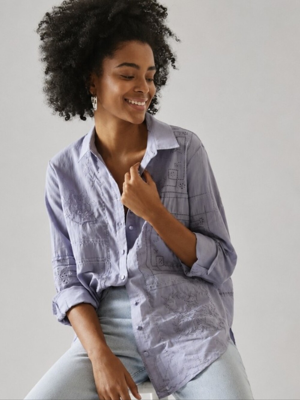 Anthropologie Handkerchief Eyelet Embroidered Button Down Shirt Blue Top Sz L